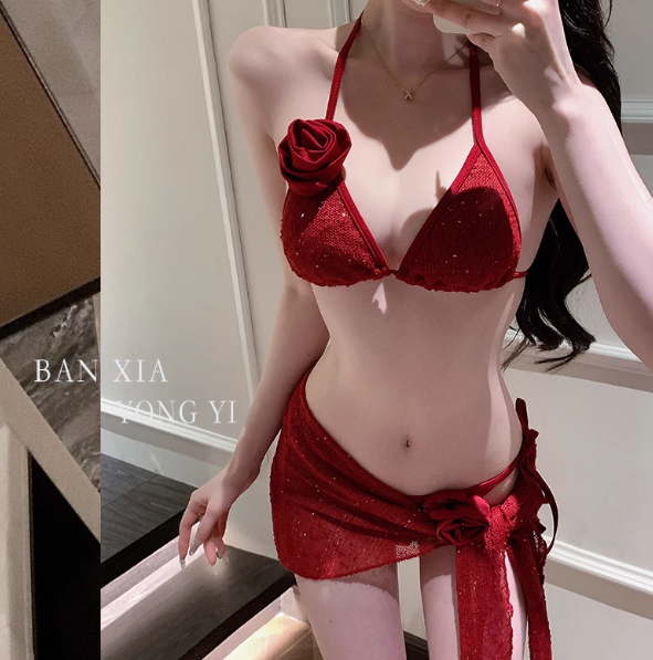 2025新款红色手工花朵性感聚拢温泉度假分体泳衣比基尼绑带三件套